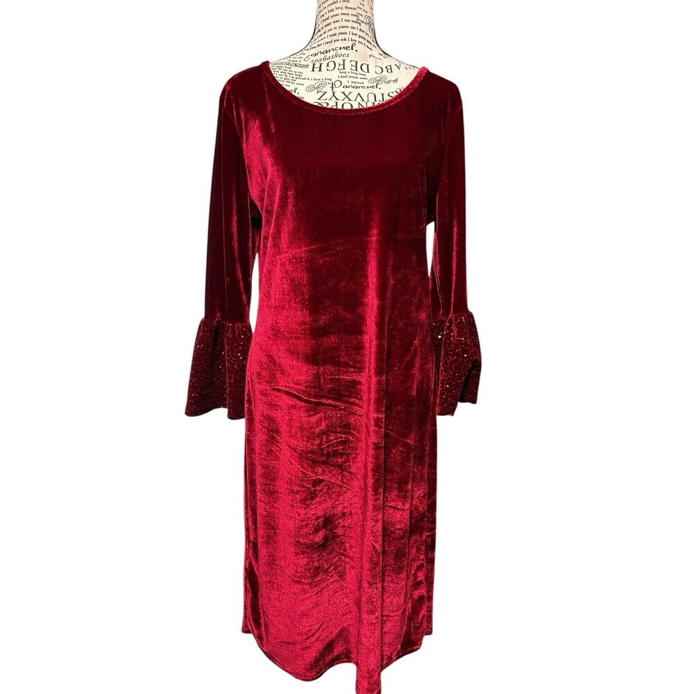 Red Velvety Long Flair Sequined Sleeves Midi  Dress Size Lg Whimsical Holiday